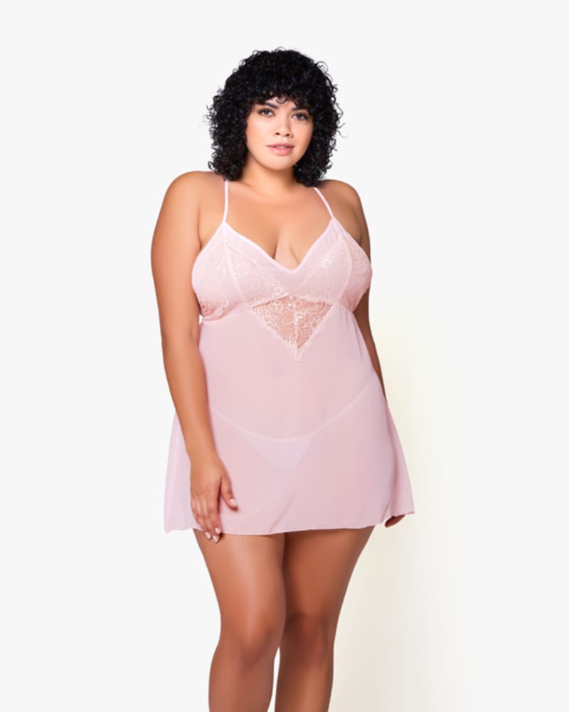 Front of a model wearing a size 1X Ava Lace Babydoll Chemise and Panty Set in PINK by iCollection. | dia_product_style_image_id:253826